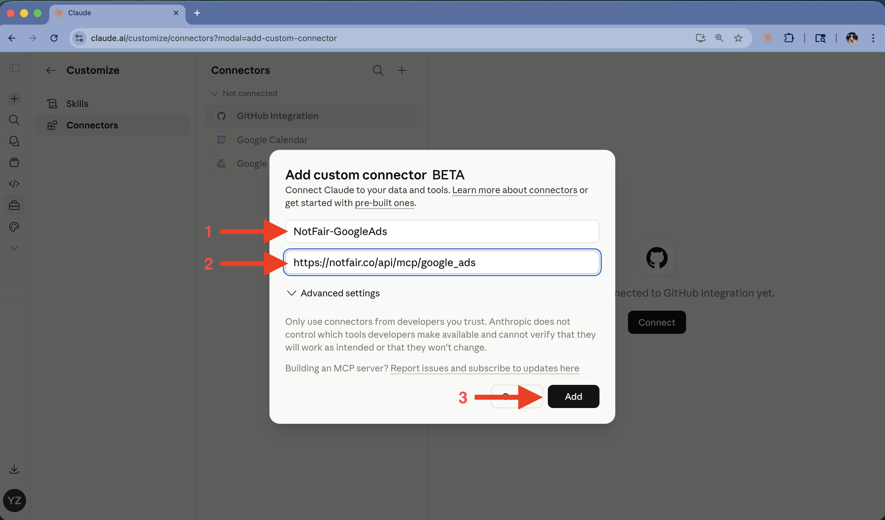 Add custom connector dialog with Name and Remote MCP Server URL filled in