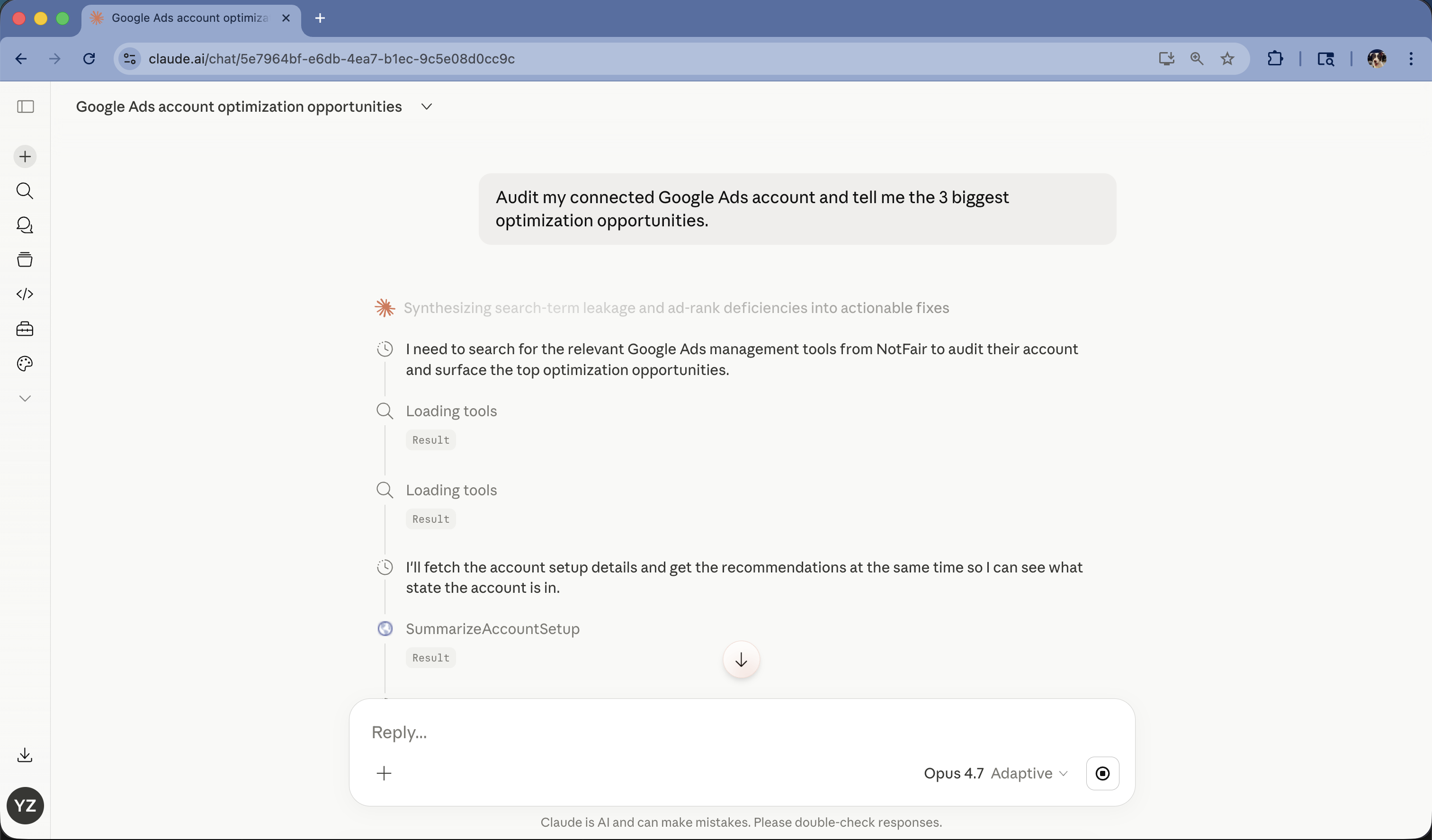 Claude using the NotFair connector to audit a Google Ads account in a chat